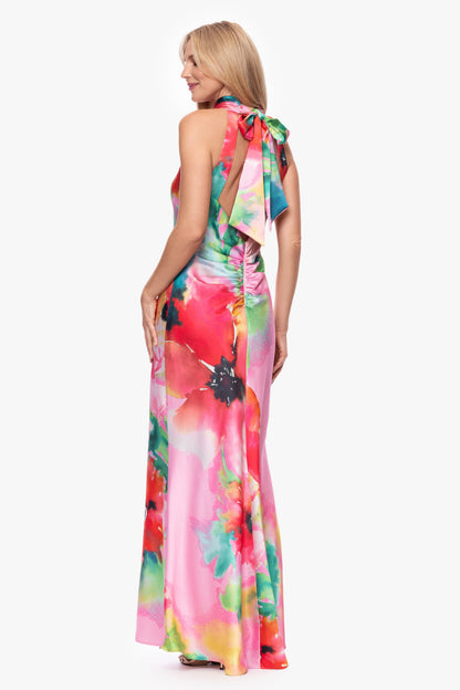 "Poppy" Printed Satin Halter Dress Pink/Red