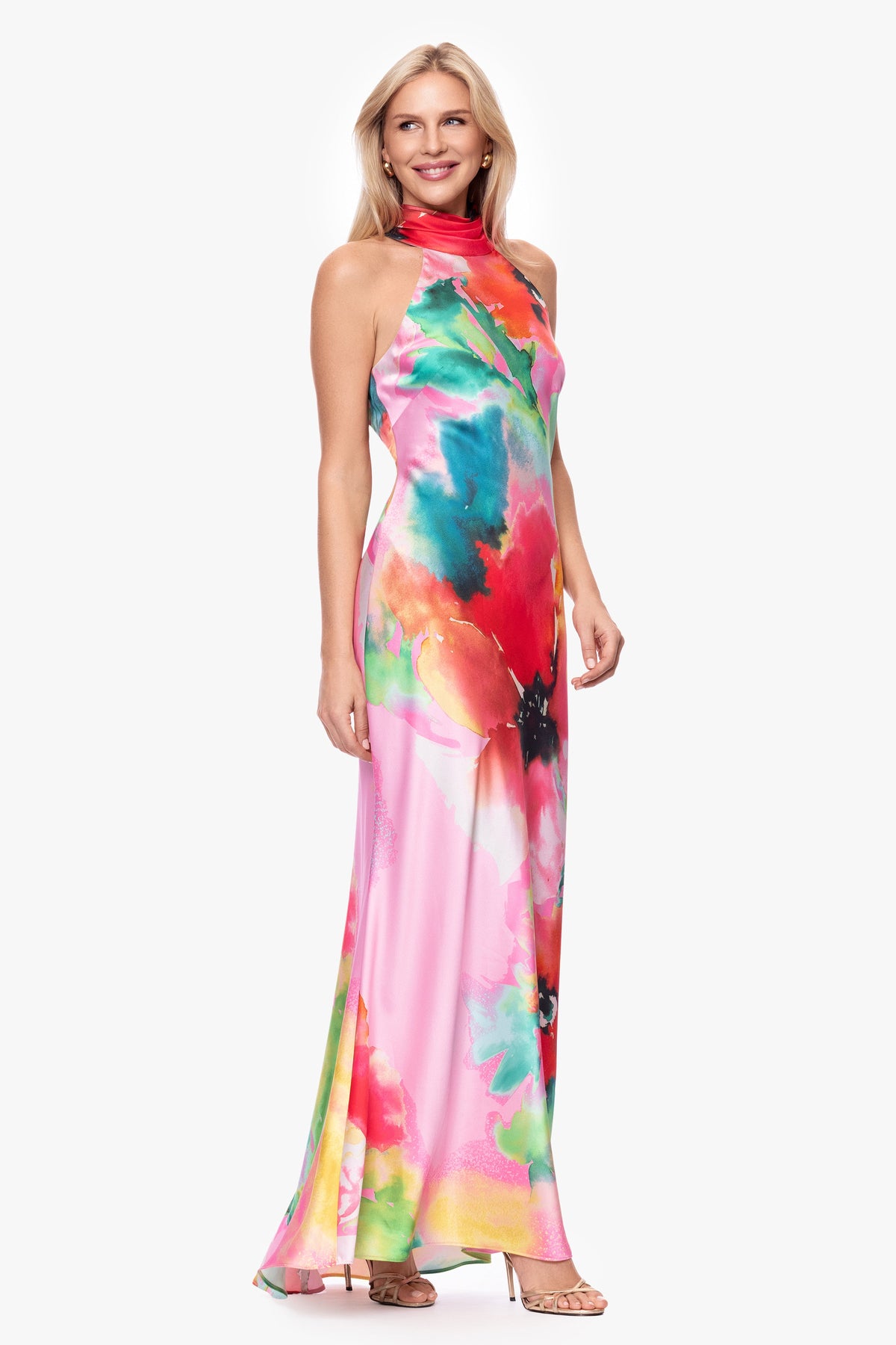 "Poppy" Printed Satin Halter Dress Pink/Red