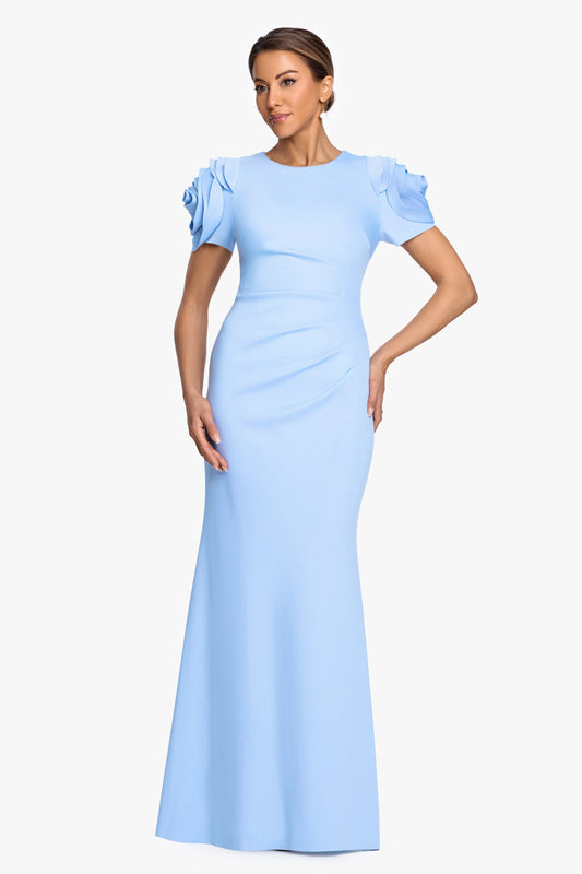 "Cami" Techno Scuba With Flower Shoulder Dress Periwinkle
