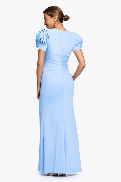 "Cami" Techno Scuba With Flower Shoulder Dress Periwinkle