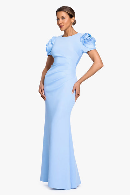 "Cami" Techno Scuba With Flower Shoulder Dress Periwinkle