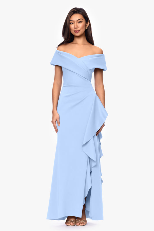 Petite "Pearl" Techno Scuba Off the Shoulder Ruffle Dress Periwinkle