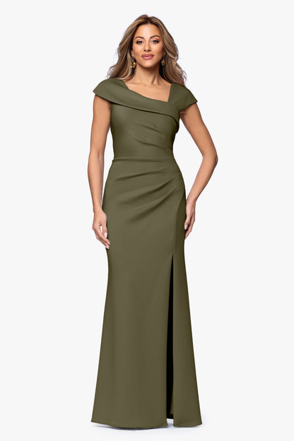 "Lenore" Techno Scuba Asymmetrical Neckline Dress Olive