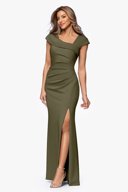 "Lenore" Techno Scuba Asymmetrical Neckline Dress Olive