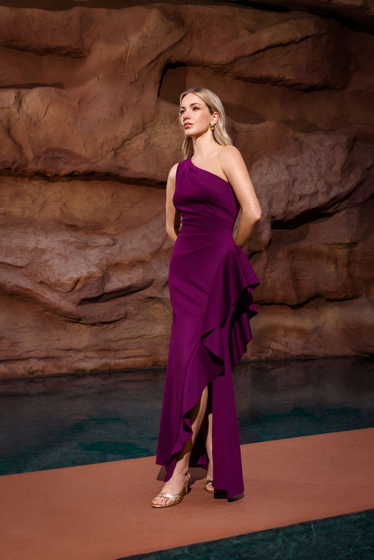 Petite "Flo" Techno Scuba One Shoulder Ruffle Dress Raisin