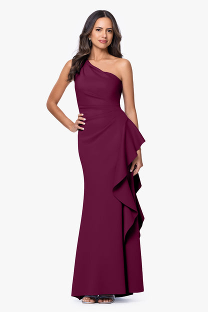 Petite "Flo" Techno Scuba One Shoulder Ruffle Dress Raisin