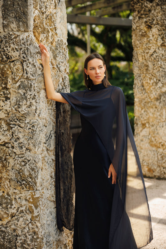 "Laura" Satin Dress With Removable Chiffon Shawl Dress Navy