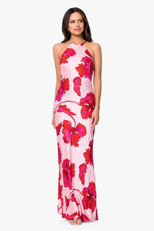 "Sienna" Printed Satin Tie Neck Dress Red/Pink