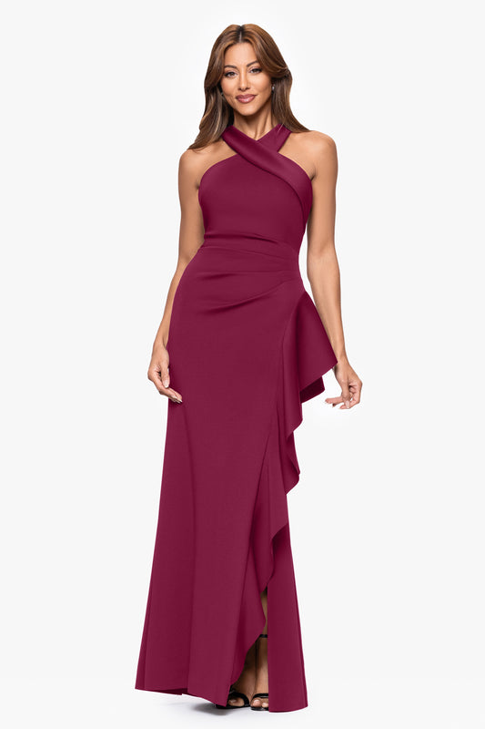 "Gigi" Techno Scuba Cross Neck Dress Wine