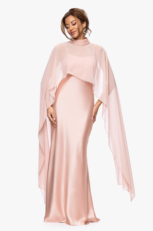 "Laura" Satin Dress With Removable Chiffon Shawl Rose Gold