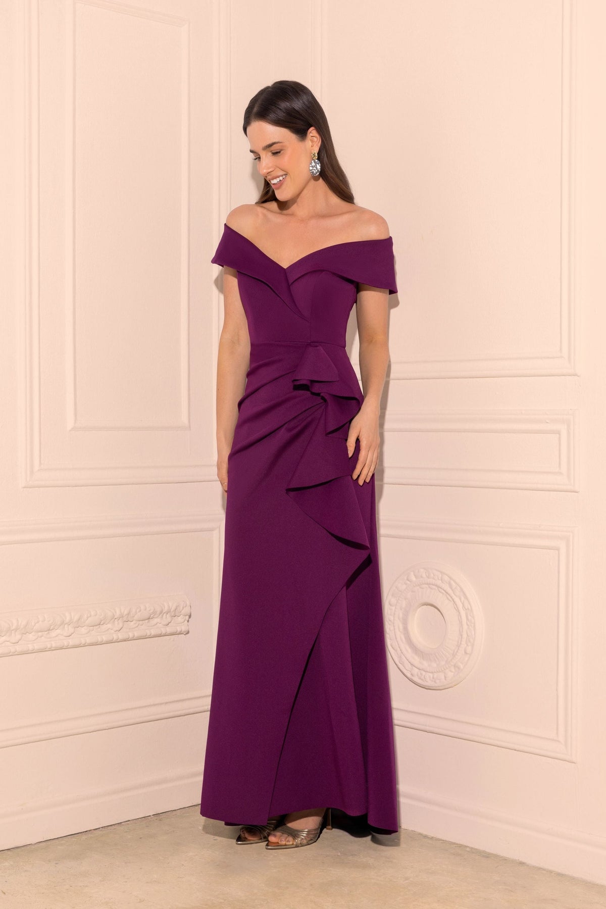 Petite "Patti" Techno Scuba Off The Shoulder Dress Raisin