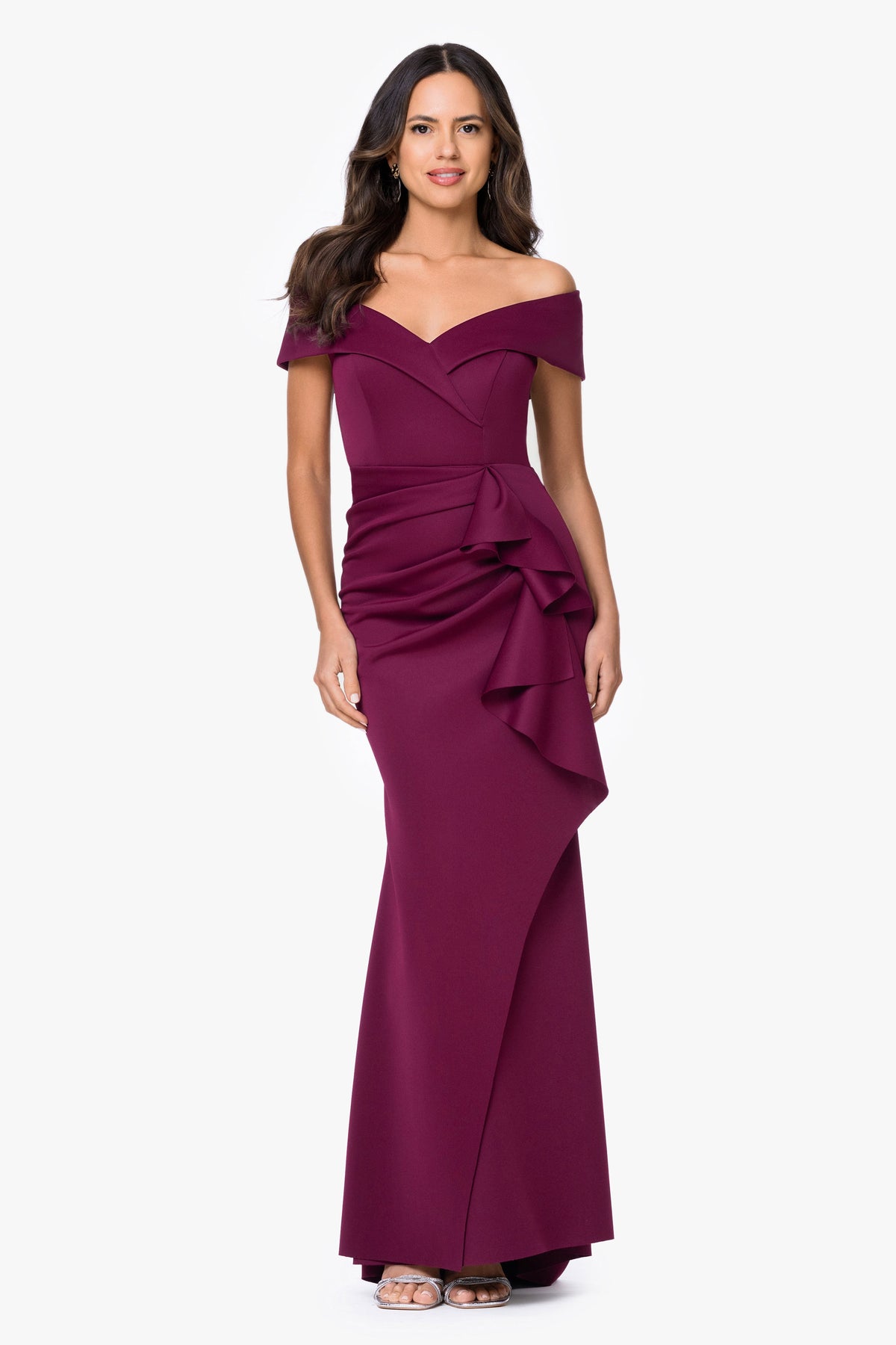 Petite "Patti" Techno Scuba Off The Shoulder Dress Raisin