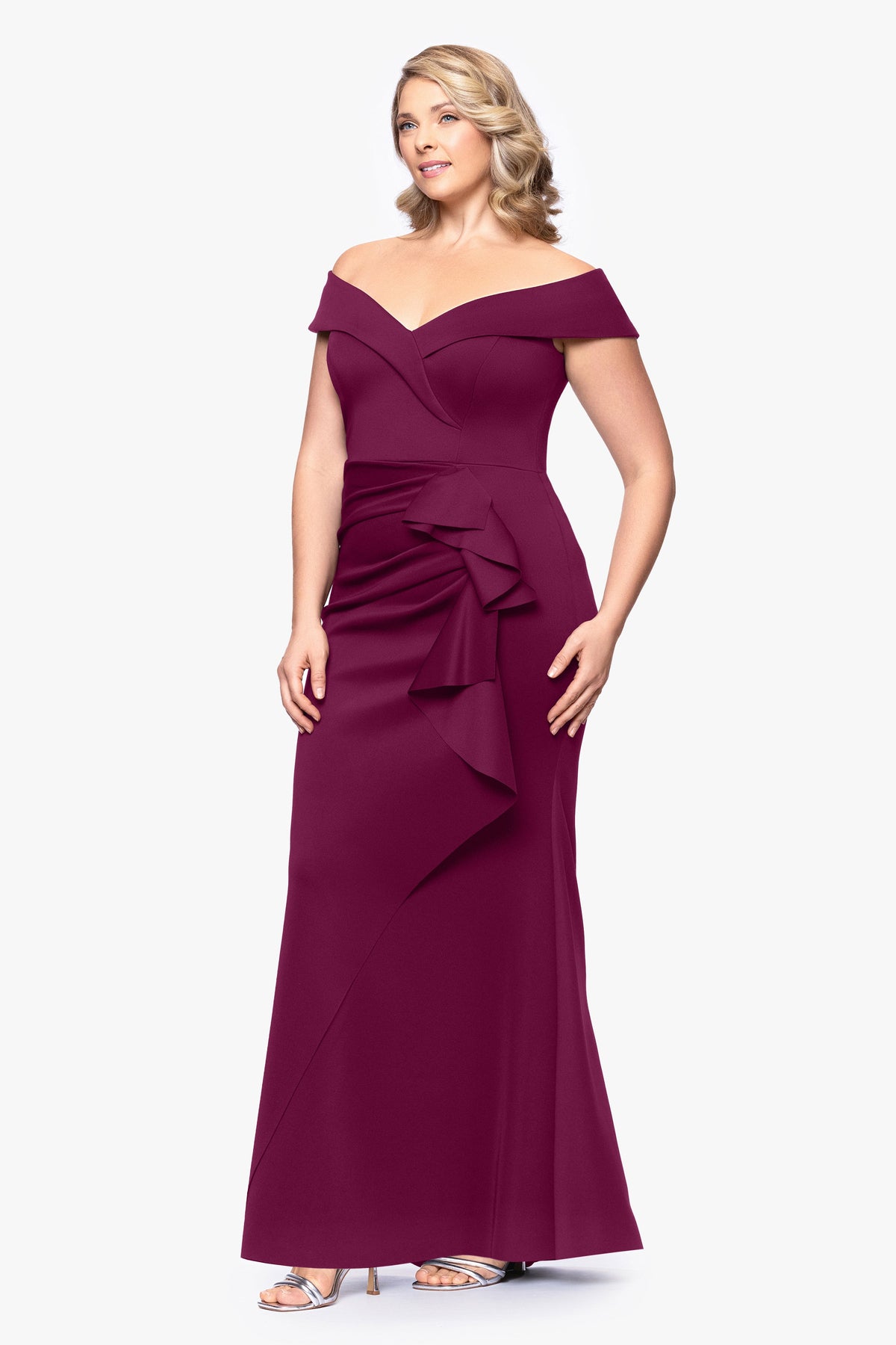 Plus "Patti" Techno Scuba Off The Shoulder Dress Raisin