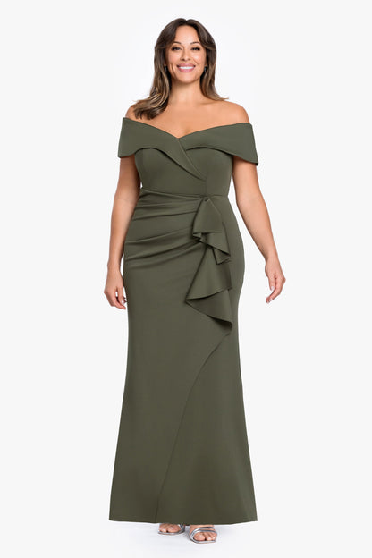 Plus "Patti" Techno Scuba Off The Shoulder Dress Olive
