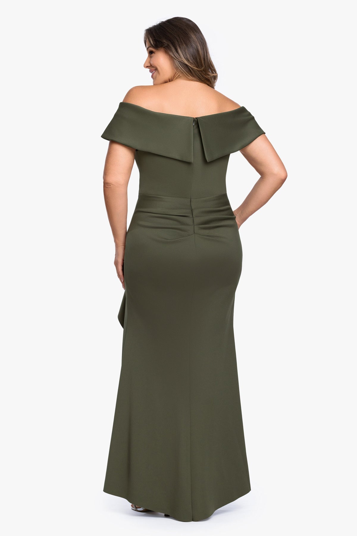 Plus "Patti" Techno Scuba Off The Shoulder Dress Olive