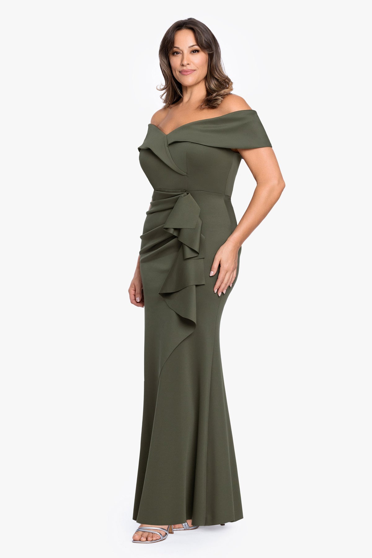 Plus "Patti" Techno Scuba Off The Shoulder Dress Olive