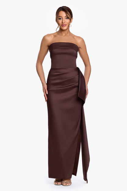 "Remi" Satin Strapless Side Ruffle Dress Chocolate
