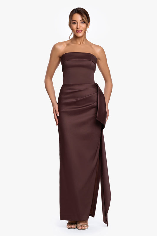 "Remi" Satin Strapless Side Ruffle Dress Chocolate