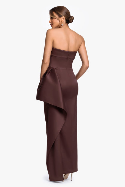 "Remi" Satin Strapless Side Ruffle Dress Chocolate