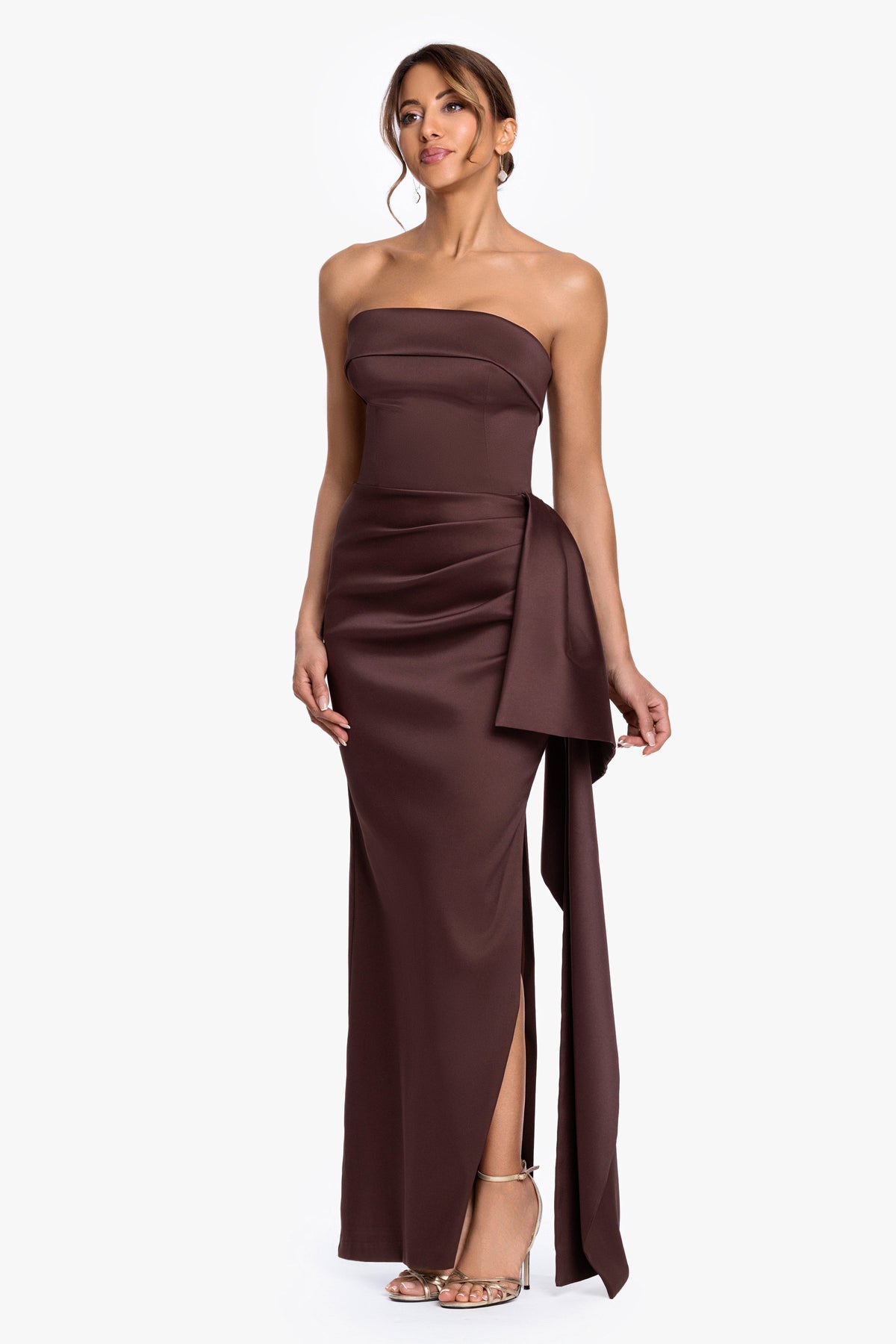 "Remi" Satin Strapless Side Ruffle Dress Chocolate