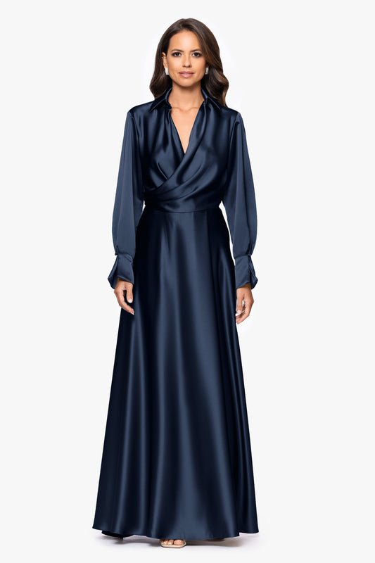 "Kelandra" Satin Collared V-Neck Long Sleeve Dress Navy