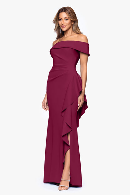 "Dolly" Techno Scuba Off The Shoulder Ruffle Dress Wine