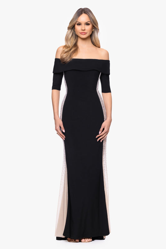 "Alice" Jersey Knit Off The Shoulder Caviar Dress Black/Nude/Silver