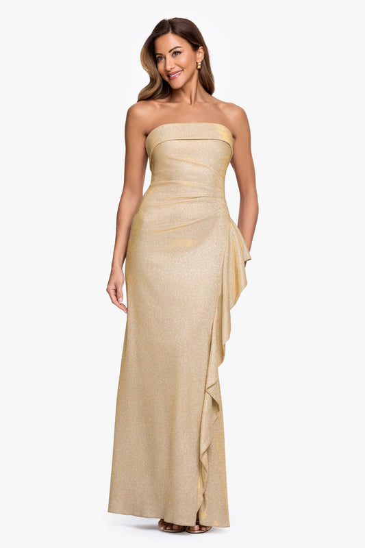 "Elena" Metallic Strapless Side Ruffle Dress Gold/Silver