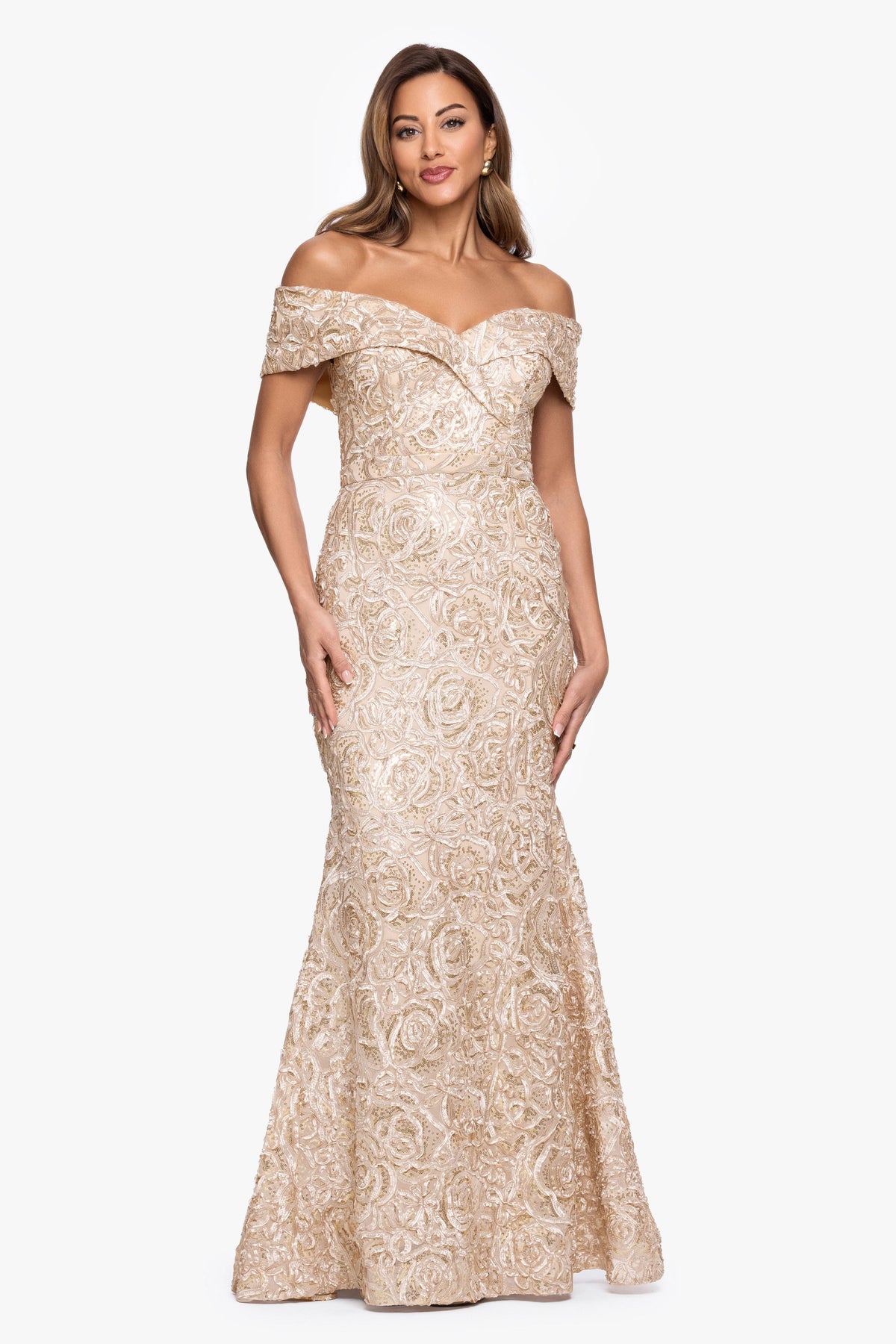 "Georgia" Soutache Off The Shoulder Gown Champagne