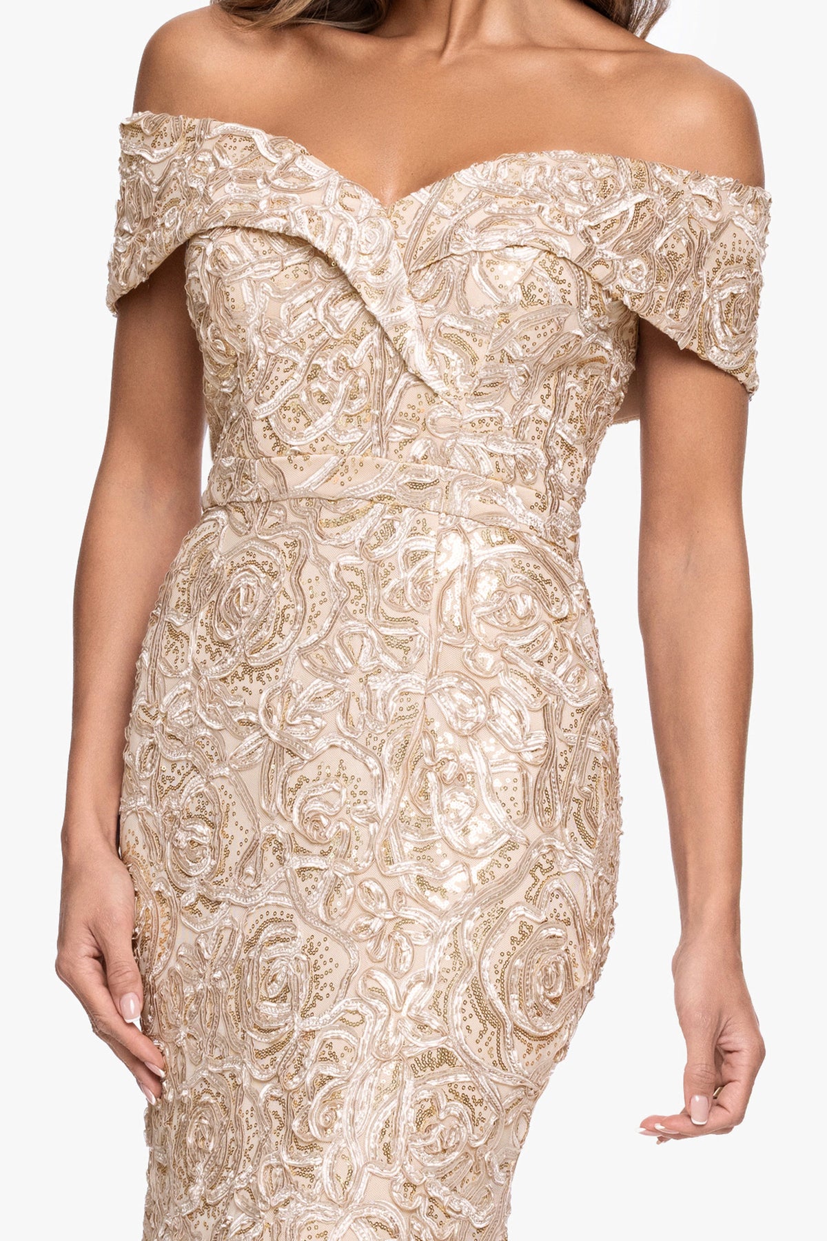"Georgia" Soutache Off The Shoulder Gown Champagne