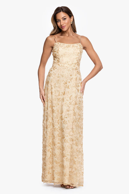 "Natalie" Flower Embellished Spaghetti Strap Gown Gold