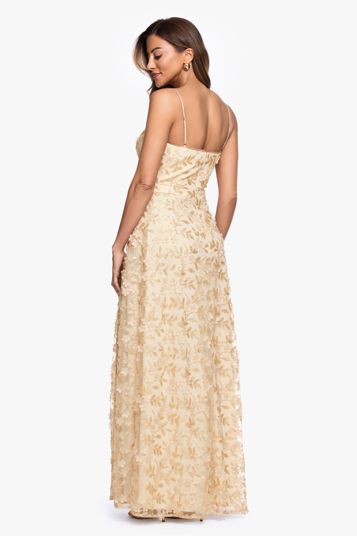 "Natalie" Flower Embellished Spaghetti Strap Gown Gold