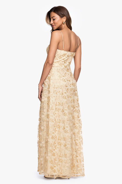 "Natalie" Flower Embellished Spaghetti Strap Gown Gold