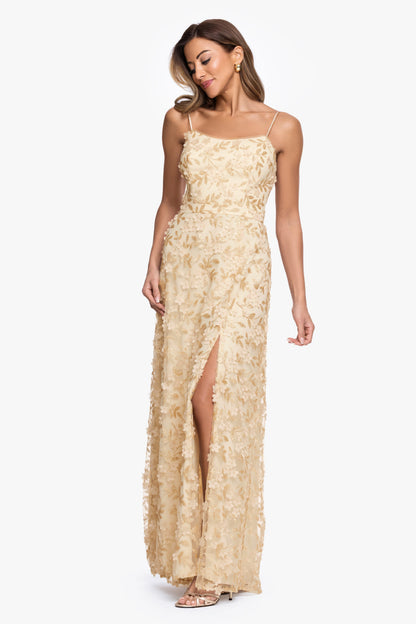 "Natalie" Flower Embellished Spaghetti Strap Gown Gold