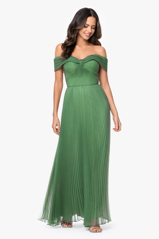 "Cora" Organza Pleated Off The Shoulder Dress Green