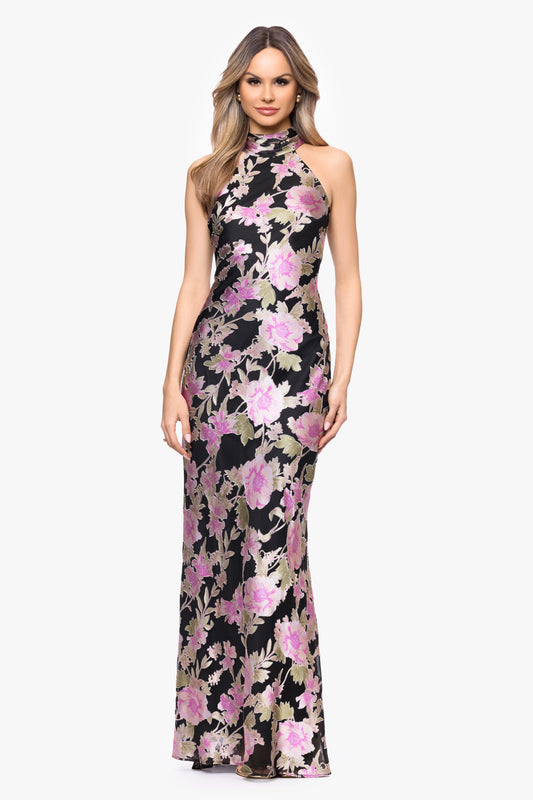 "Elliot" Burnout Chiffon Halter Tie Dress Black/Multi