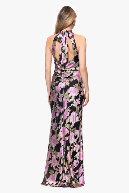 "Elliot" Burnout Chiffon Halter Tie Dress Black/Multi