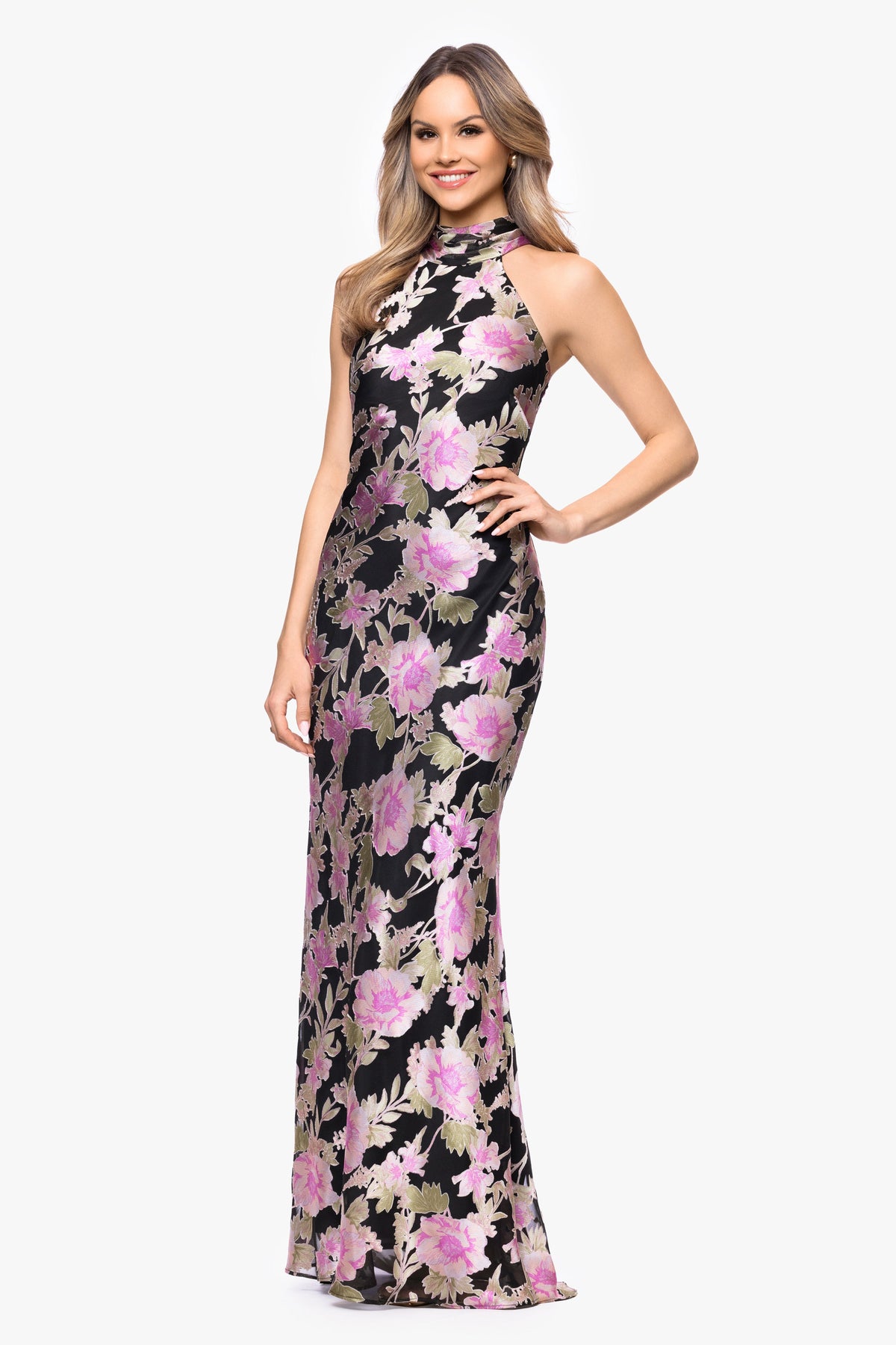 "Elliot" Burnout Chiffon Halter Tie Dress Black/Multi