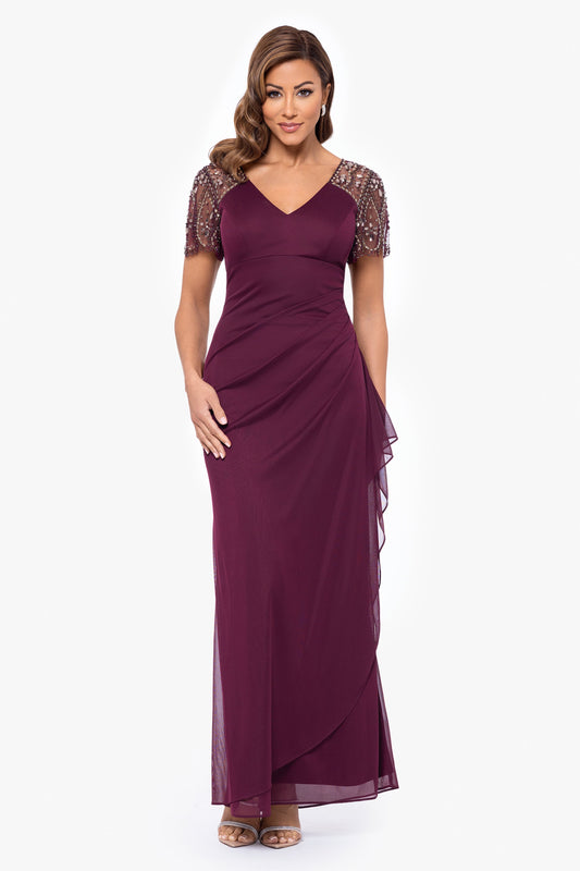 "Lana" Sheer Matte Jersey Beaded Flutter Sleeve Dress Wine