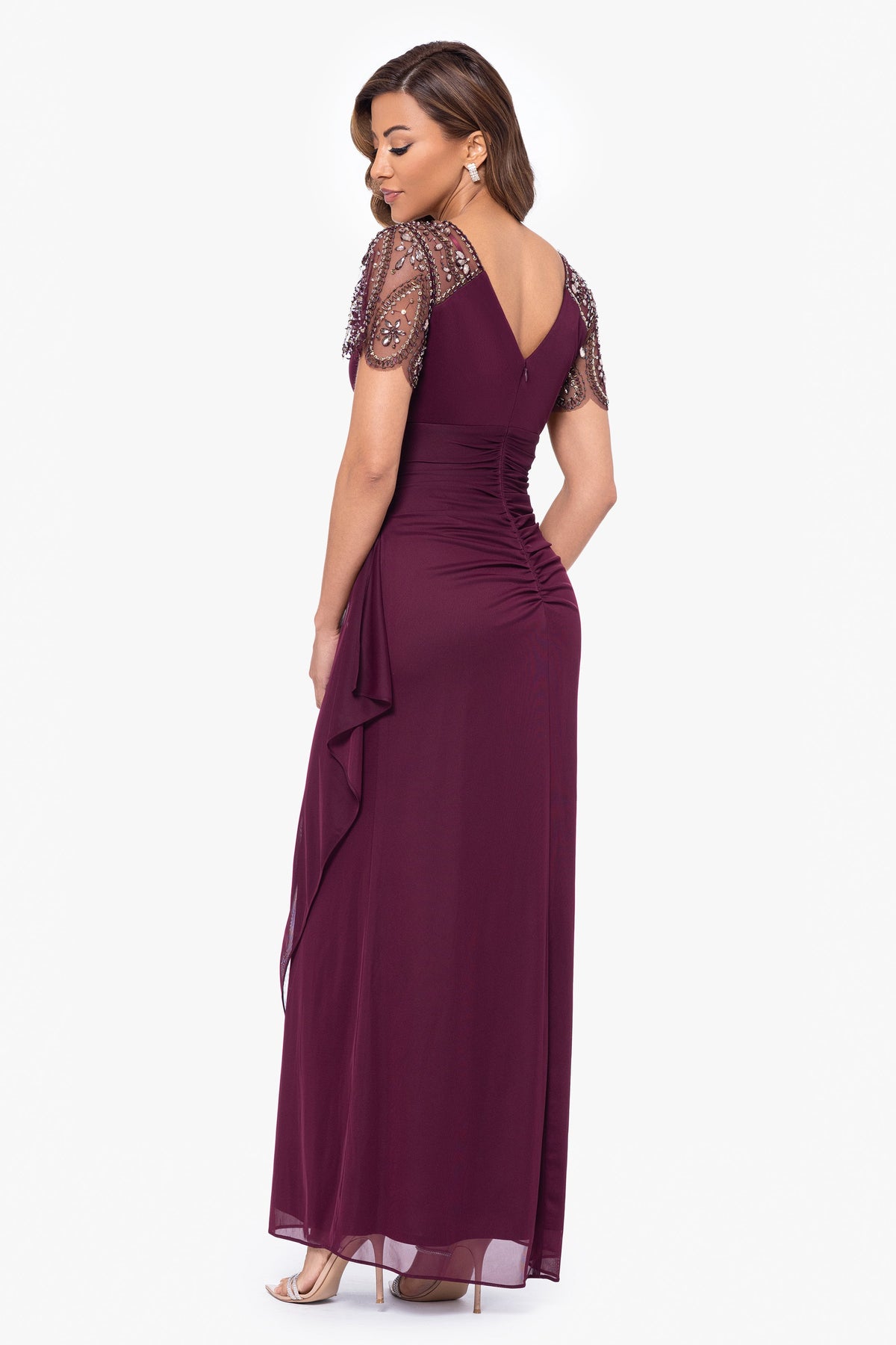 "Lana" Sheer Matte Jersey Beaded Flutter Sleeve Dress Wine