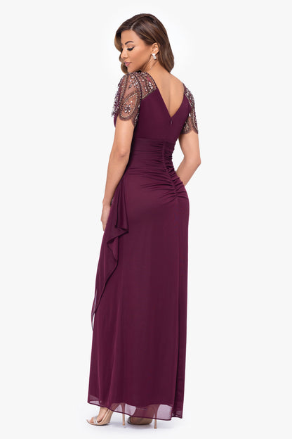 "Lana" Sheer Matte Jersey Beaded Flutter Sleeve Dress Wine