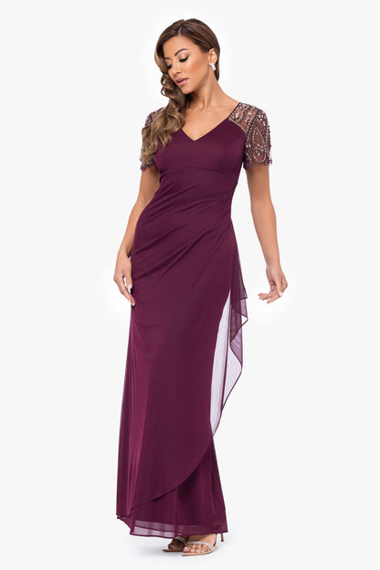 "Lana" Sheer Matte Jersey Beaded Flutter Sleeve Dress Wine