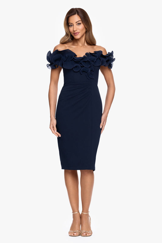 "Natalia" Scuba Crepe Off The Shoulder Ruffle Neck Midi Dress| Xscape Evenings Navy