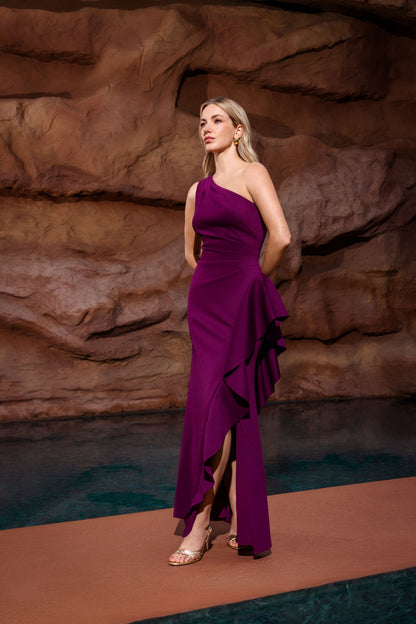 "Flo" Long Techno Scuba One Shoulder Ruffle Dress Raisin