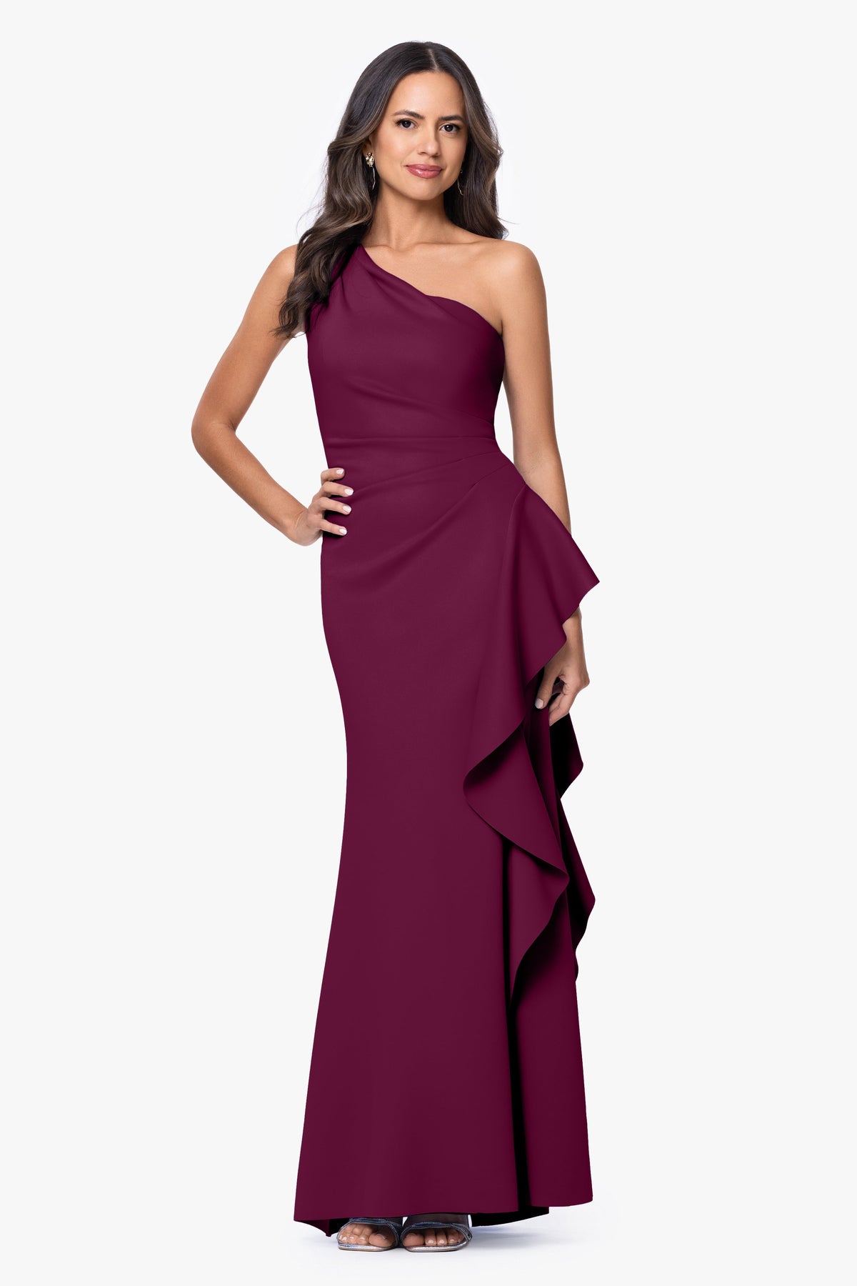 "Flo" Long Techno Scuba One Shoulder Ruffle Dress Raisin