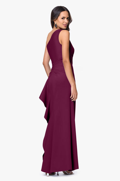 "Flo" Long Techno Scuba One Shoulder Ruffle Dress Raisin