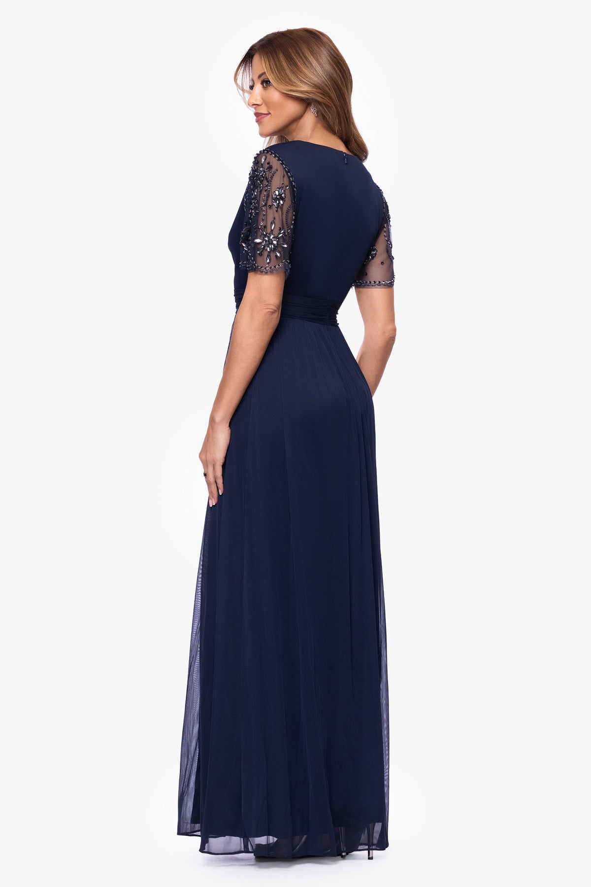"Aurelia" Sheer Matte Jersey Mesh Beaded Sleeve Dress Navy