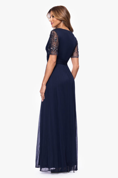 "Aurelia" Sheer Matte Jersey Mesh Beaded Sleeve Dress Navy