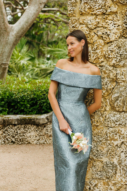 "Barbara" Jacquard Off The Shoulder Dress Slate