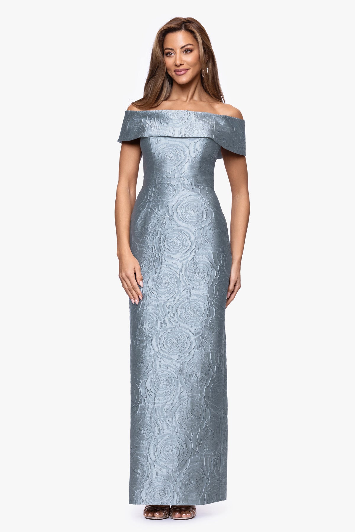 "Barbara" Jacquard Off The Shoulder Dress Slate